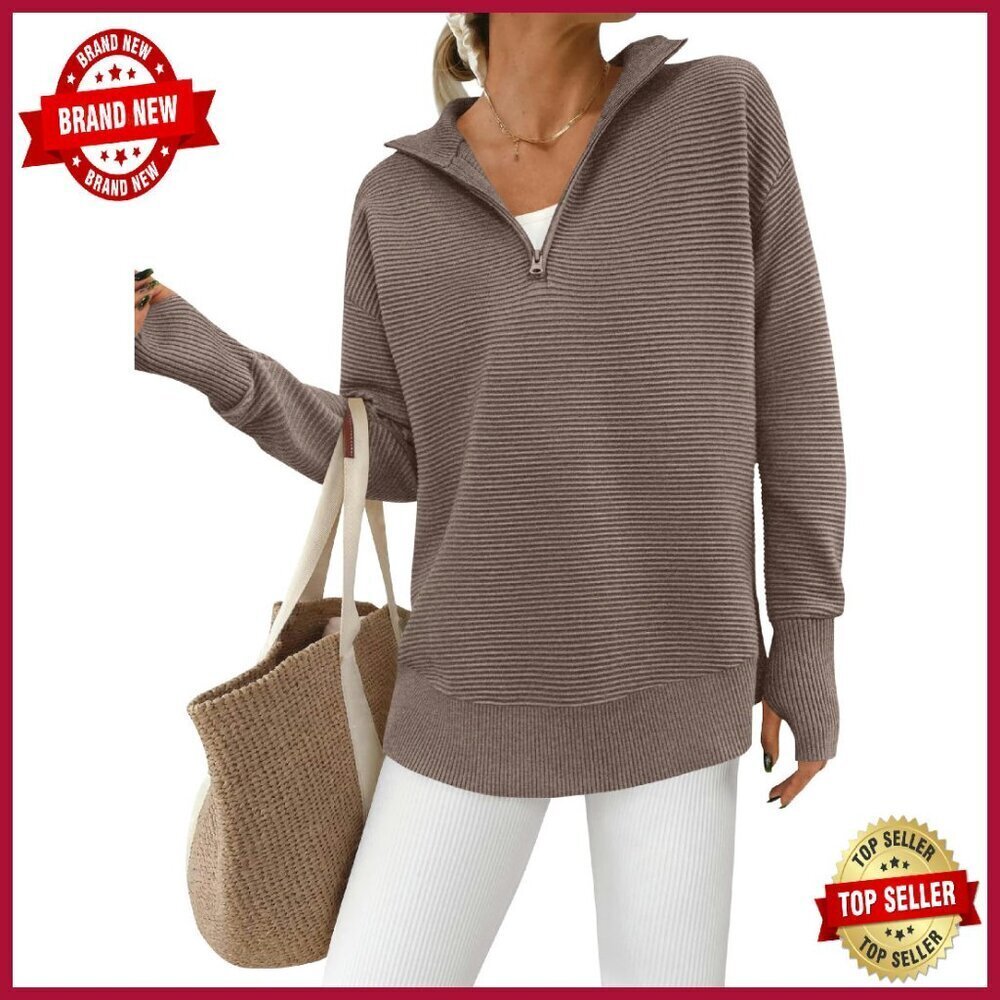 Long Sleeve Quarter Zip Pullover Sweater Ribbed Knit Thumb Hole Loose Fit
